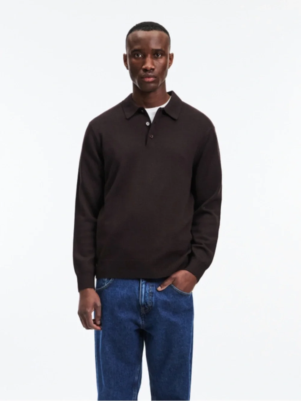 A DAY’S MARCH Avoch Merino Wool Polo Men's Sweater in Dark Brown. Size M